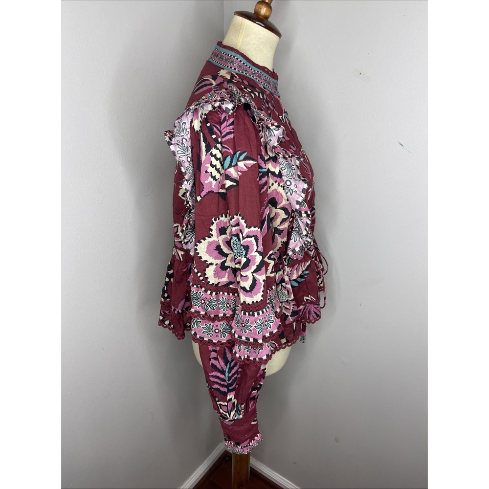 Farm Rio Womens Pineapple Inspiration Burgundy Ruffled Blouse Large - Picture 5 of 11